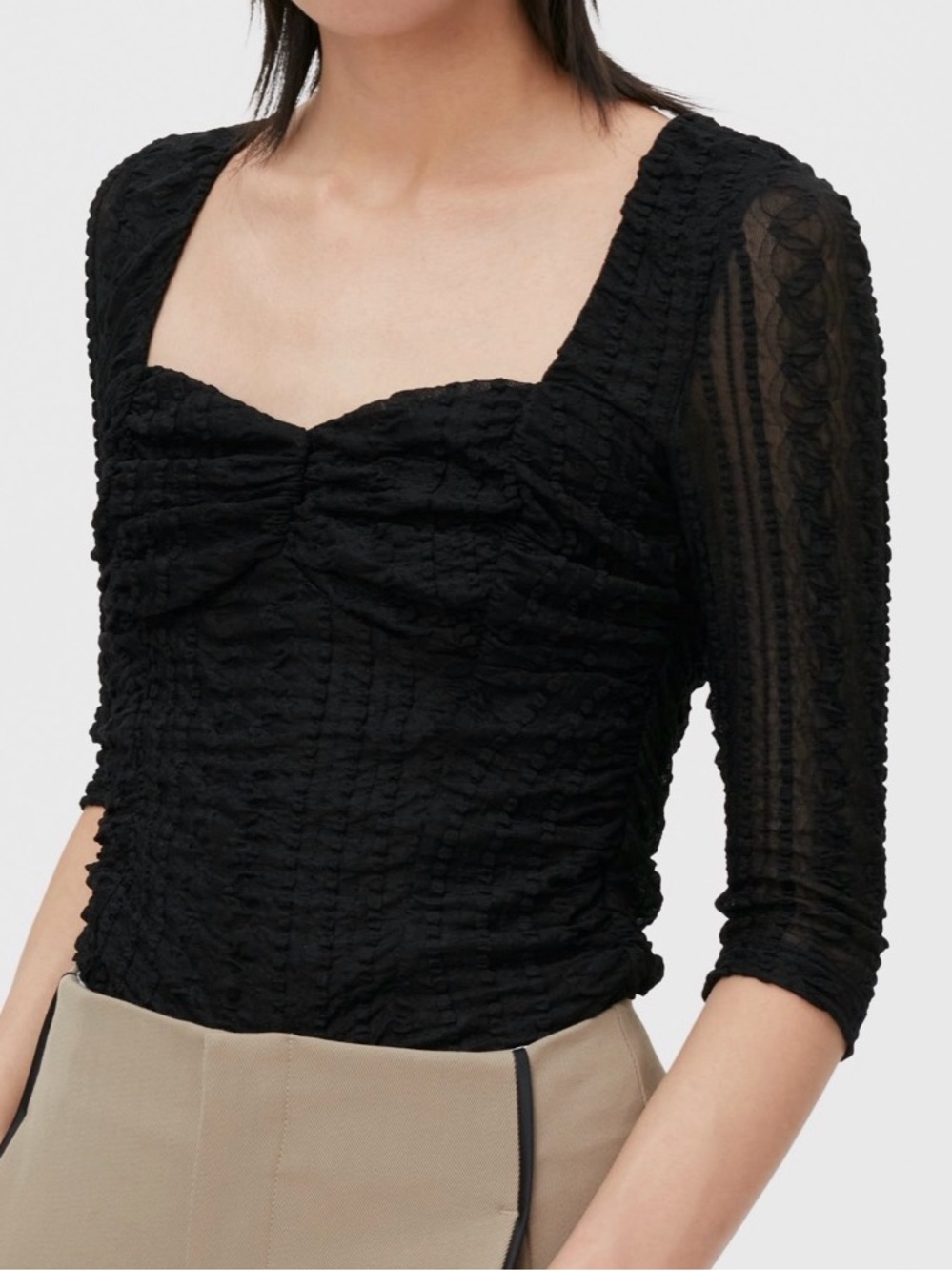 Ganni Black Ruched Sweetheart-Neck Blouse with Semi-Sheer Three-Quarter Sleeves